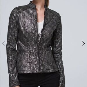 White House Black Market Petite Foiled Denim Python-Print Peplum Jacket size 2